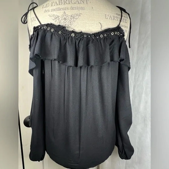 PAIGE Journee Tie Shoulder Blouse Grommets and Ruffle Detail Black Size Medium - Picture 6 of 11